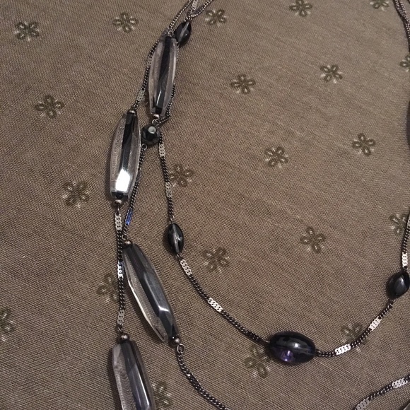 Vintage Black And Clear Beaded Silver Tone Layered Sweater Necklace - Picture 3 of 8
